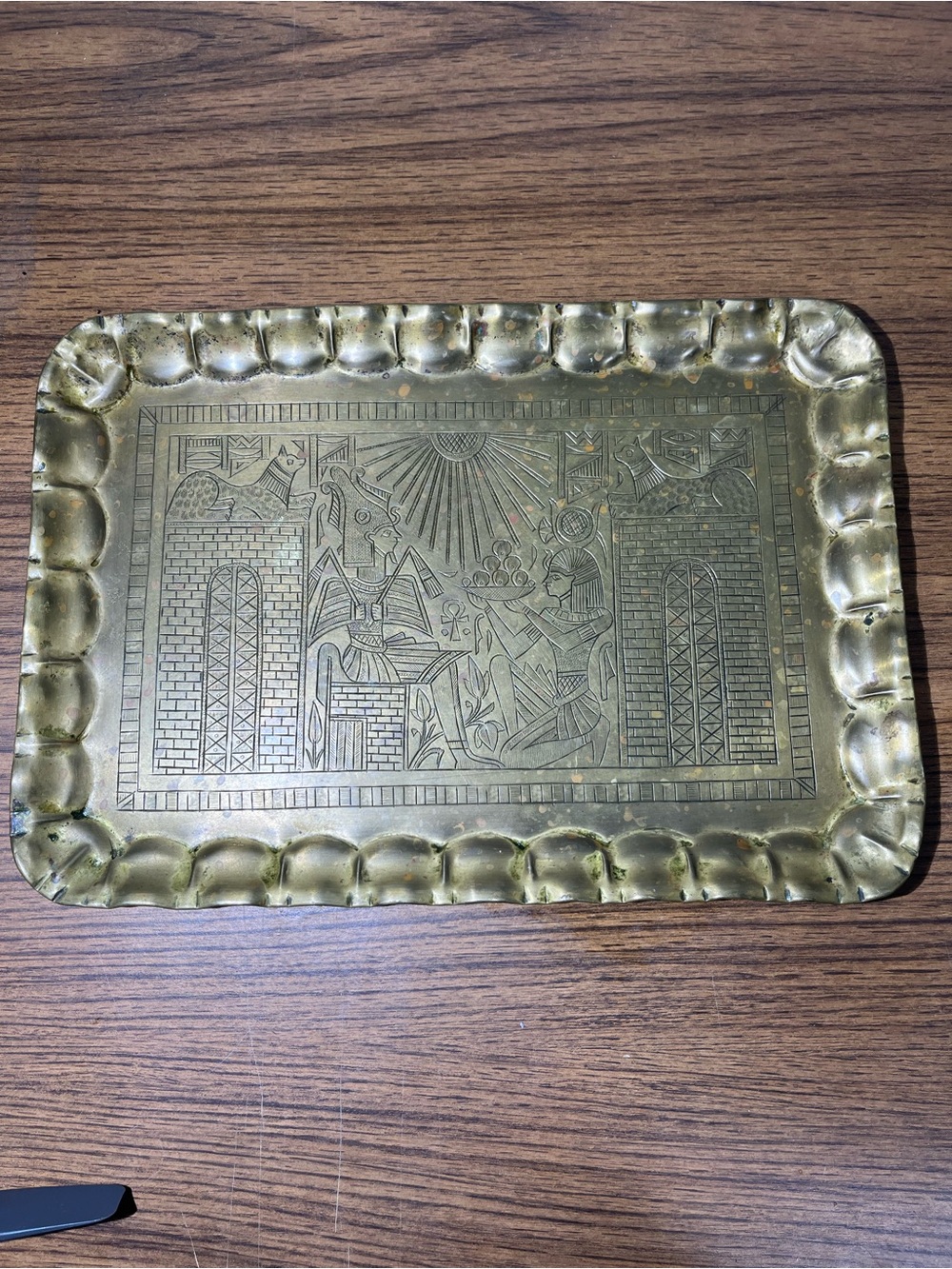 Vtg Handmade Brass Tray Etched Egyptian Figures & Hieroglyphs  15x10.5x1"